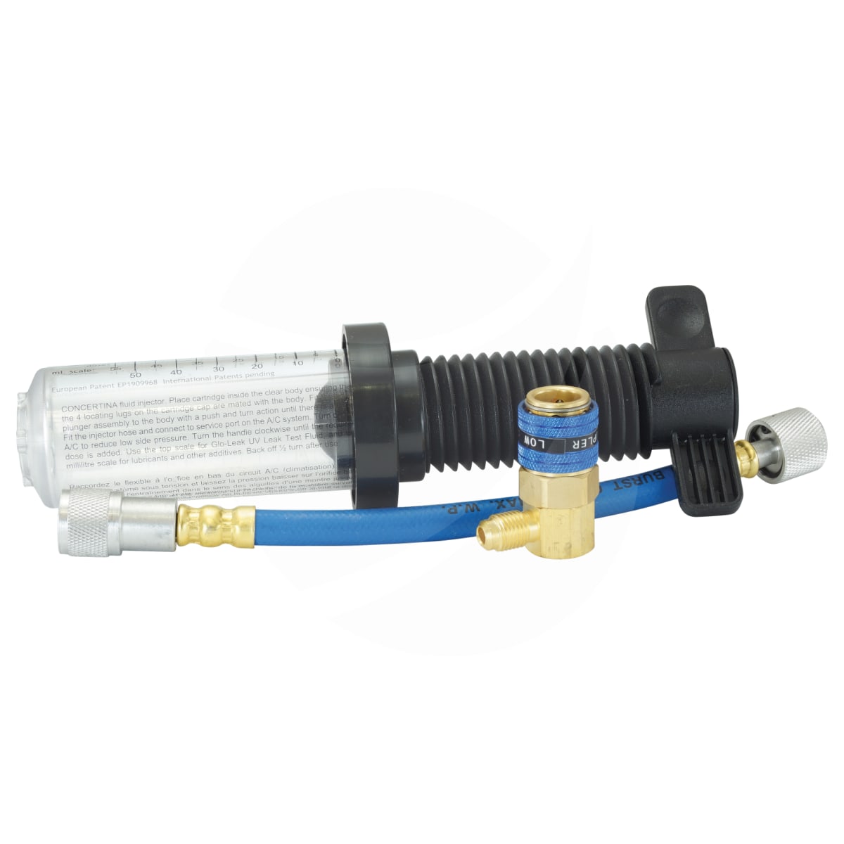 INJECTOR, R134A, CONCERTINA CARTRIDGE, PLASTIC (CLEAR ONLY), INCL HOSE